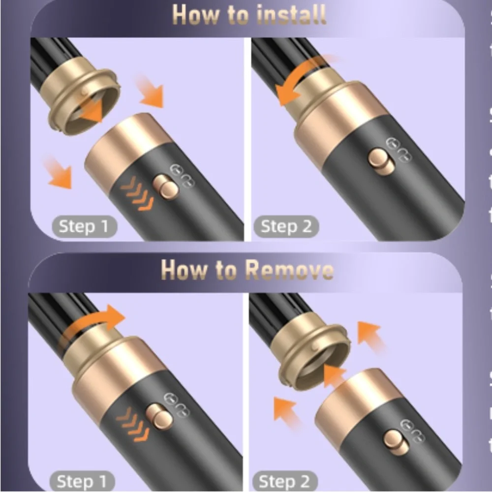 NEW! 6 in 1 Hot Air Brush & Hair Dryer with Auto Wrap Curlers Black Gold